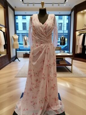 Romantic Falling Petals Floral Chiffon Gown Draped Back Bodice Size 14